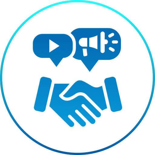 Handshake with media and megaphone icons.
