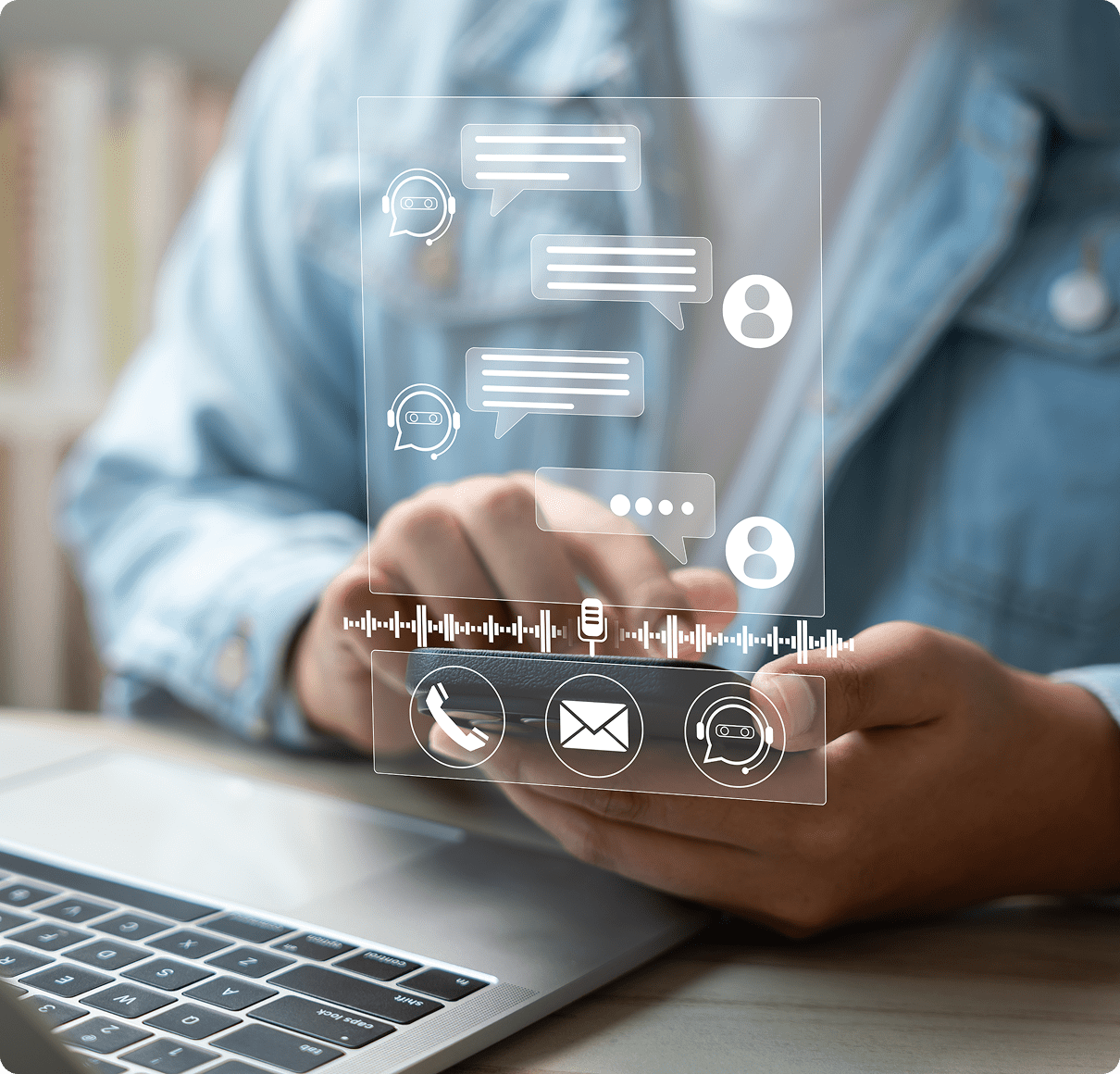 Person using smartphone with digital communication icons.