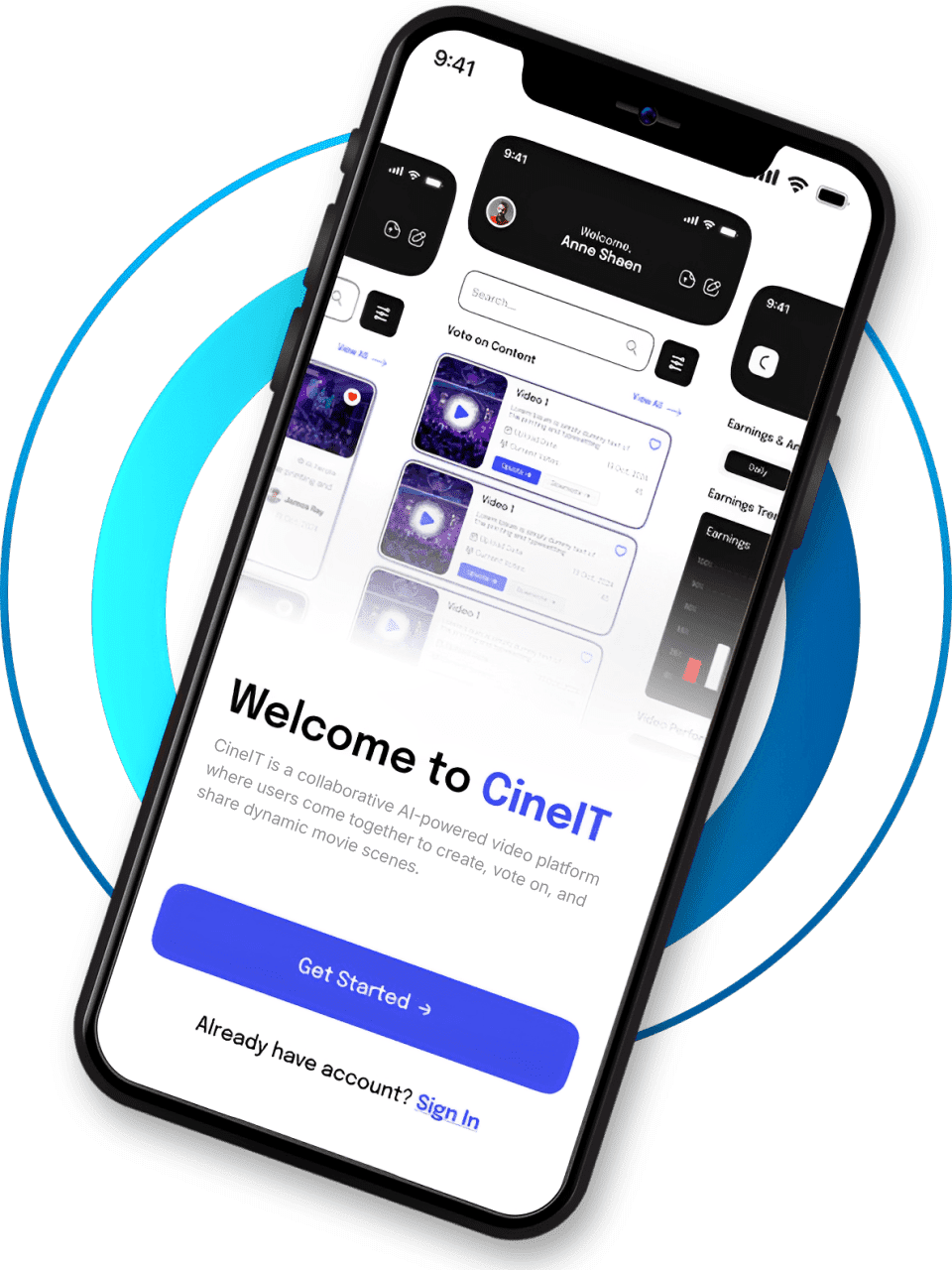 Mobile app interface showcasing CineIT with a welcome screen and navigation options.