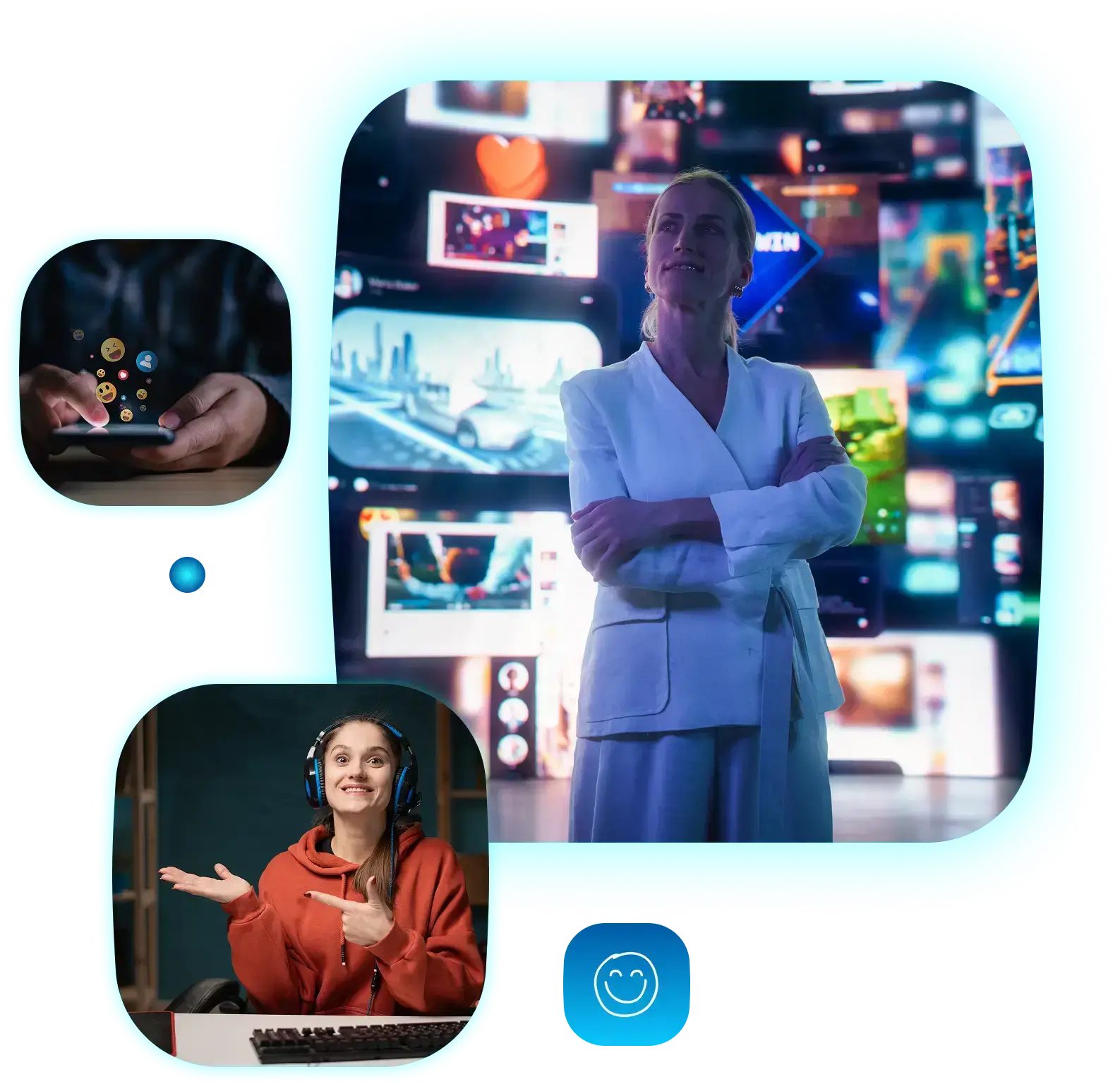Woman with digital screens in background.