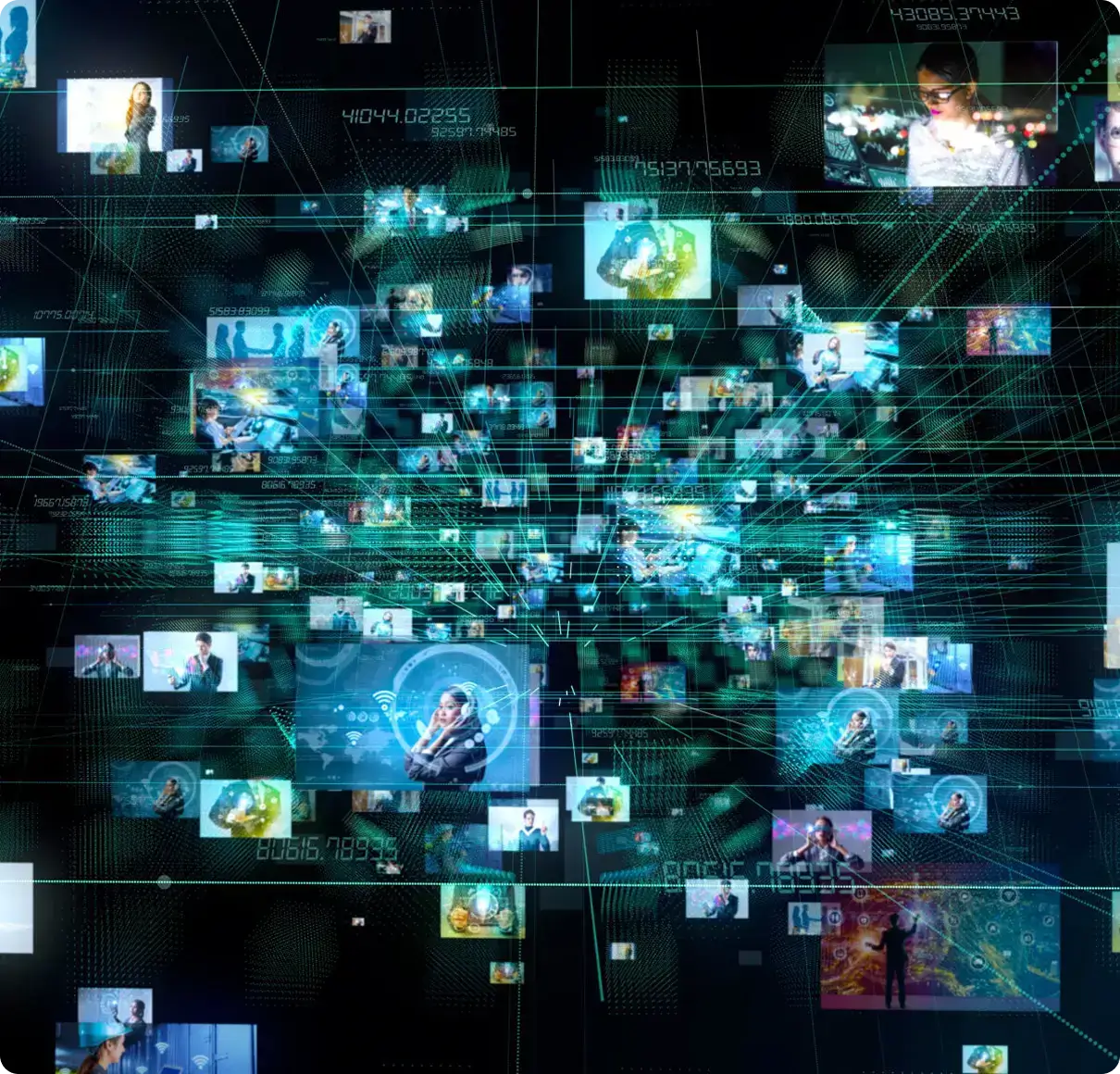 Digital collage of interconnected images and data.