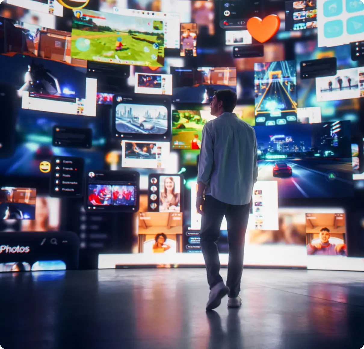 Person surrounded by digital screens and media.